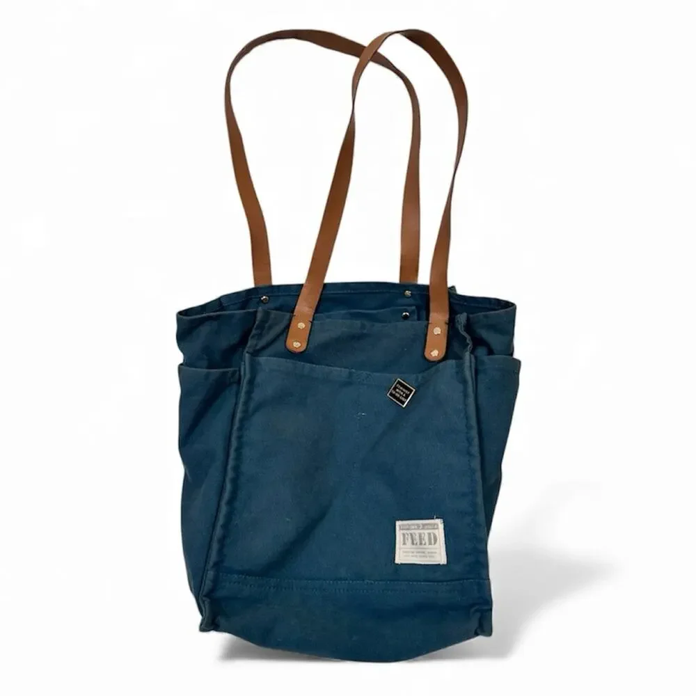Feed America Teal Blue Canvas Tote Bag Handbag Womens Feminist Pin